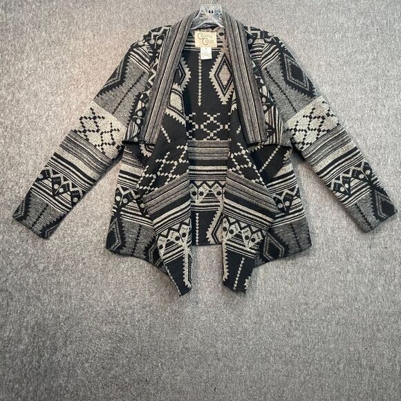 Cripple Creek M Open Waterfall Front Cardigan Sweater Jacket Black Aztec Tribal - Picture 2 of 8
